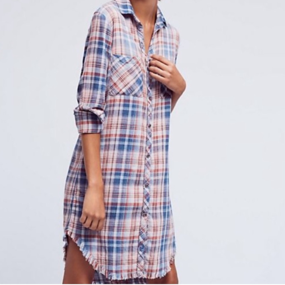 Anthropologie Blue and Pink Plaid Long Sleeve Dress